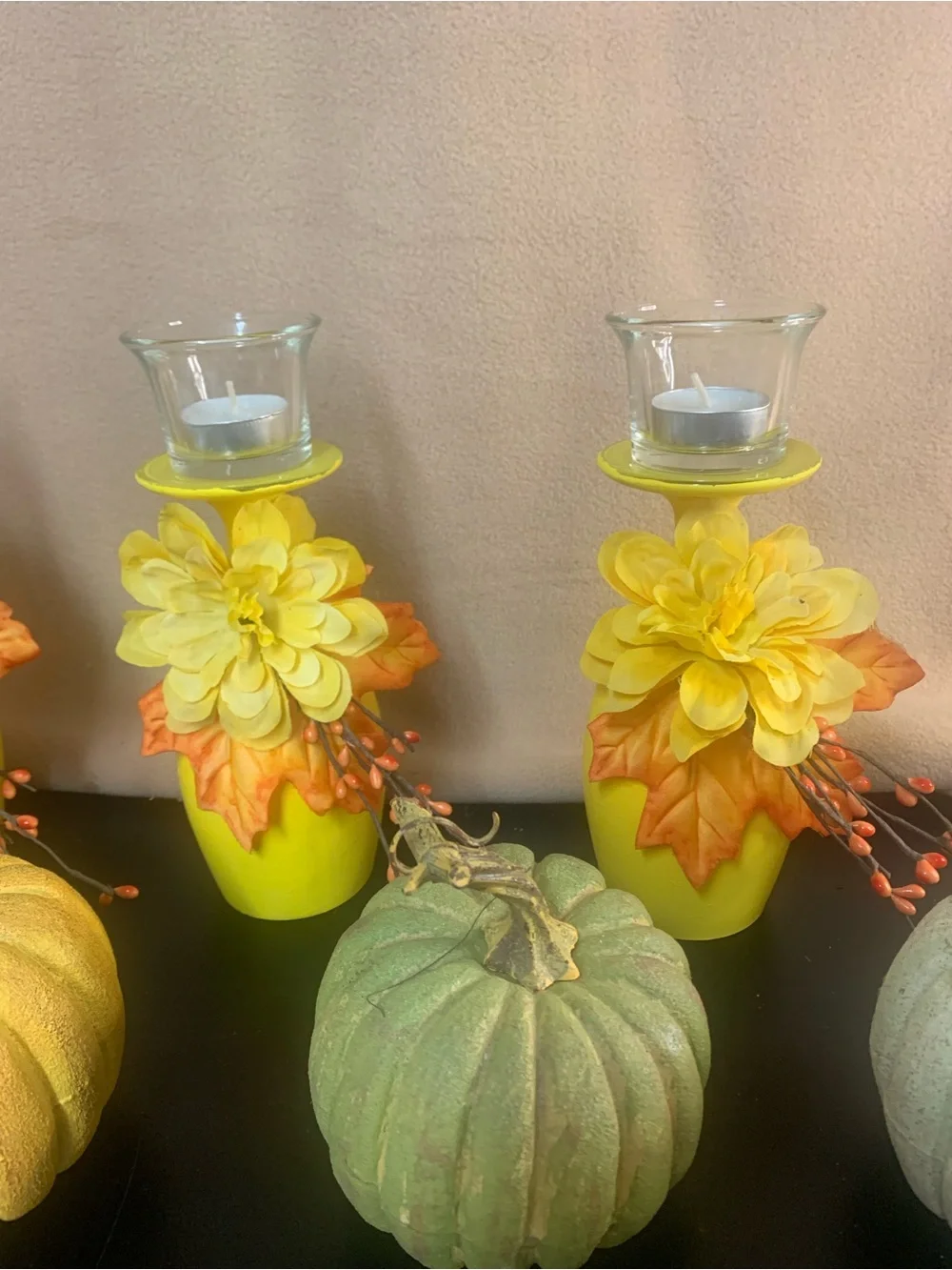 Yellow Floral Candle Holder Set with Decorative Pumpkins - Home Accents